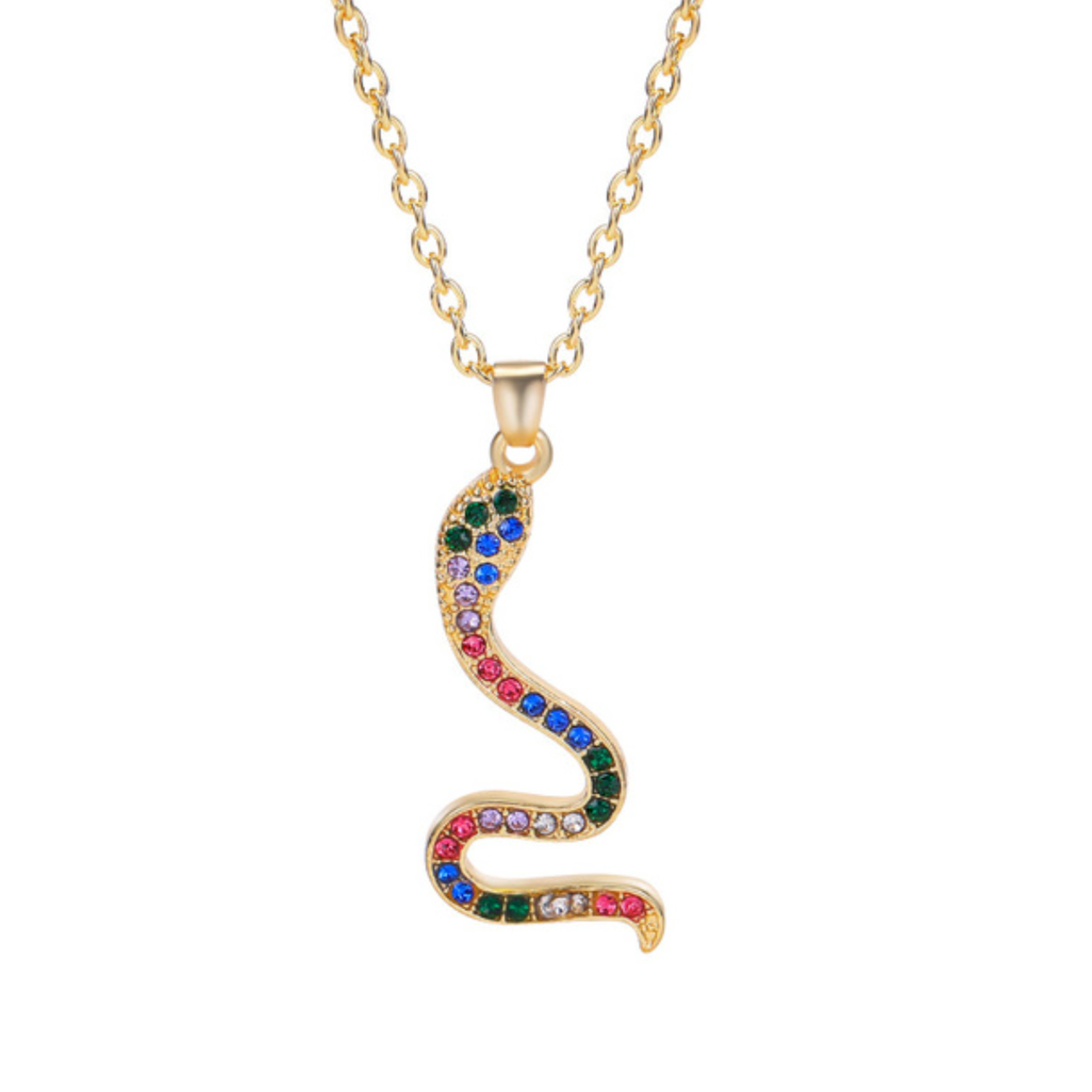 Collier or pendentif serpent doré serti de strass couleurs