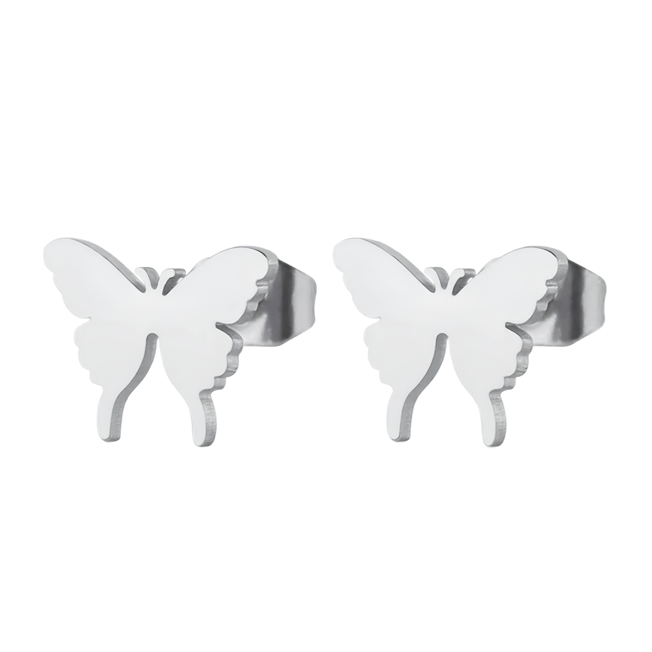 Boucles d'oreilles acier argent papillon.  Détails produit : Couleur argent. Acier inoxydable. Taille&nbsp;10 mm x 8 mm.  Version couleur&nbsp;or