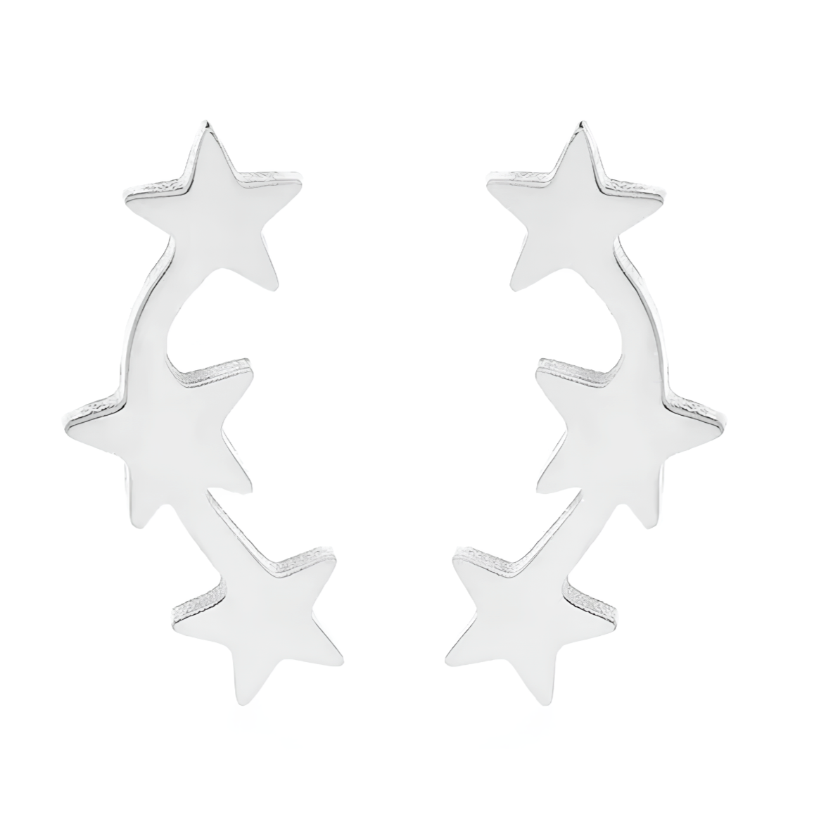 Boucles d'oreilles acier argent 3 petites étoiles.   Détails produit : Couleur argent.&nbsp;Acier. Pendentifs petits&nbsp;étoiles. Taille 5 mm x 12 mm.  Version couleur or