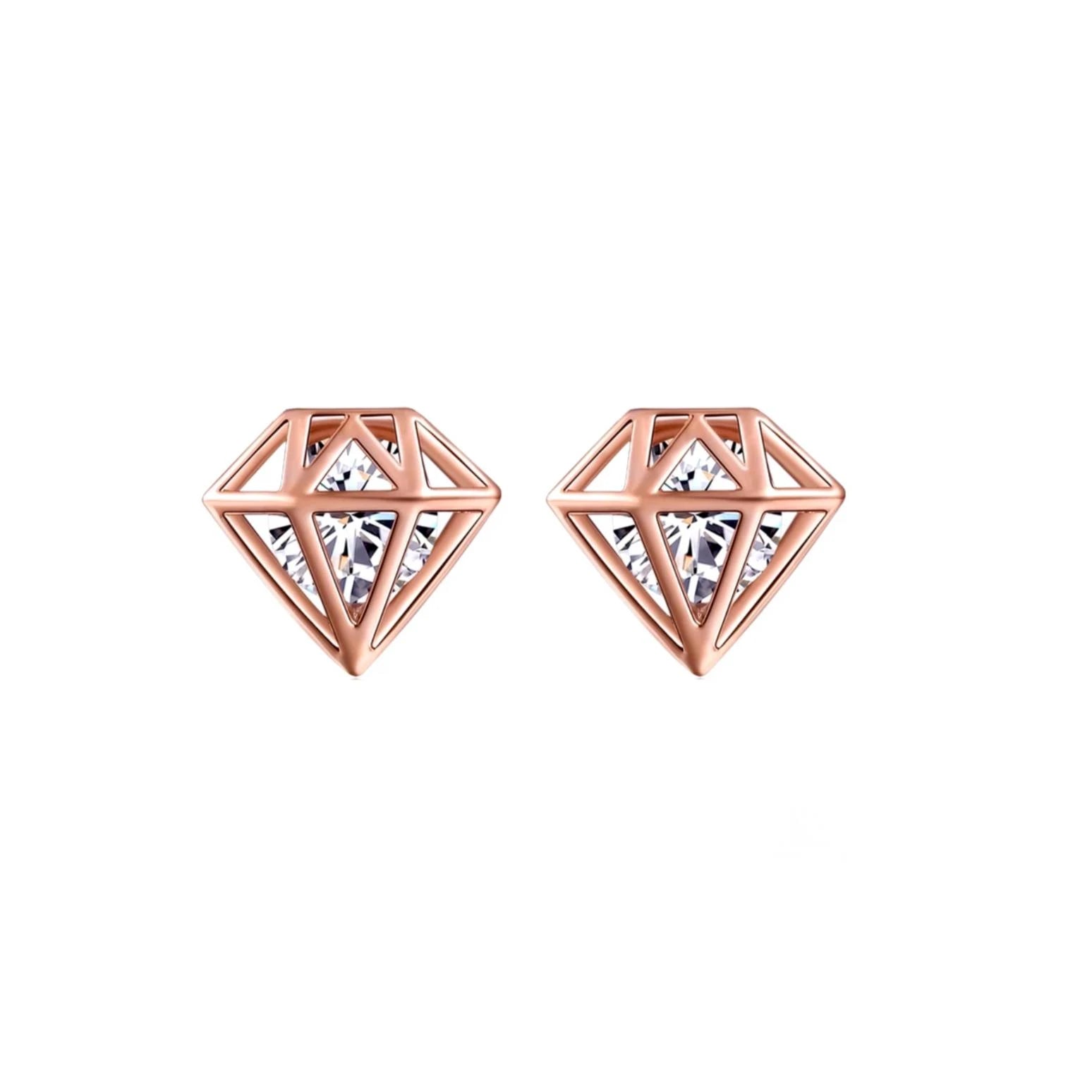 Boucles d'oreilles or rose strass diamant 1,2 cm x 1,3 cm 
