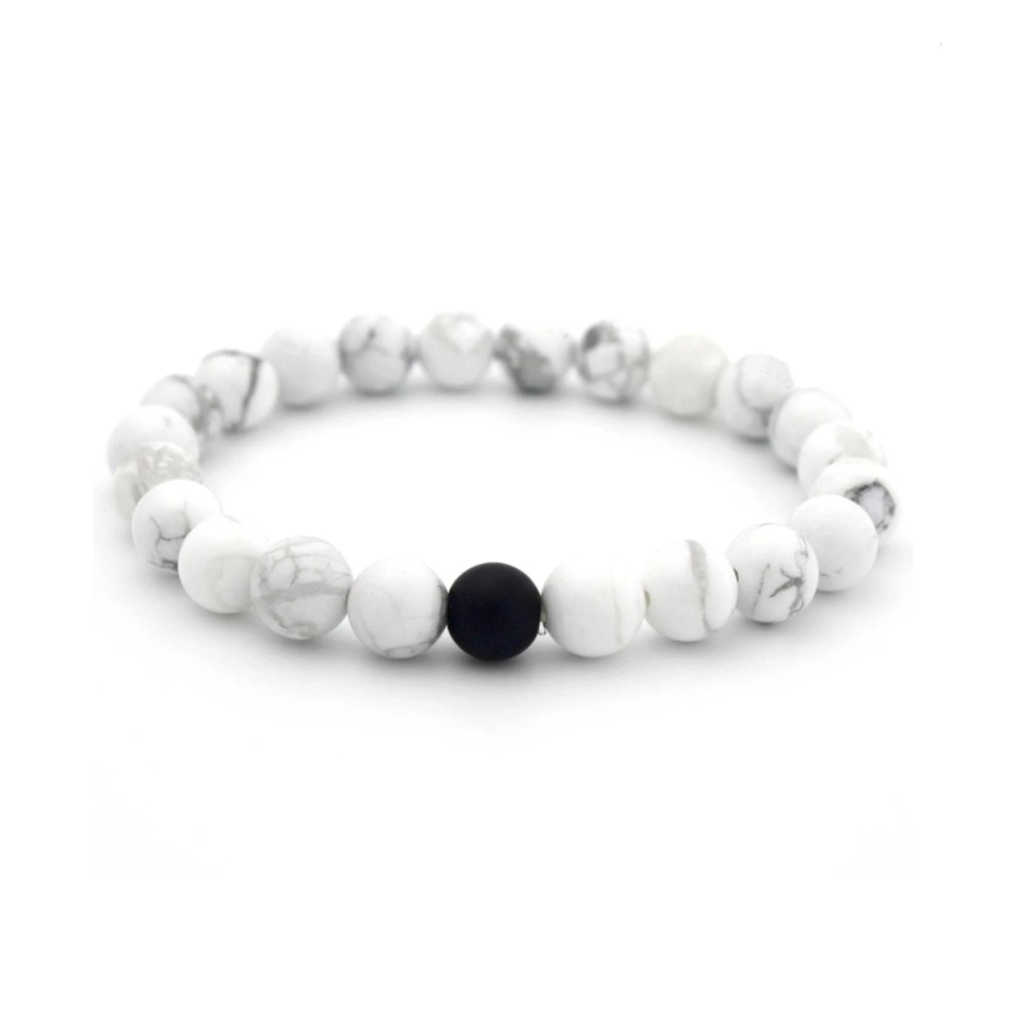 Bracelet perles blanches marbrées et perle noire 