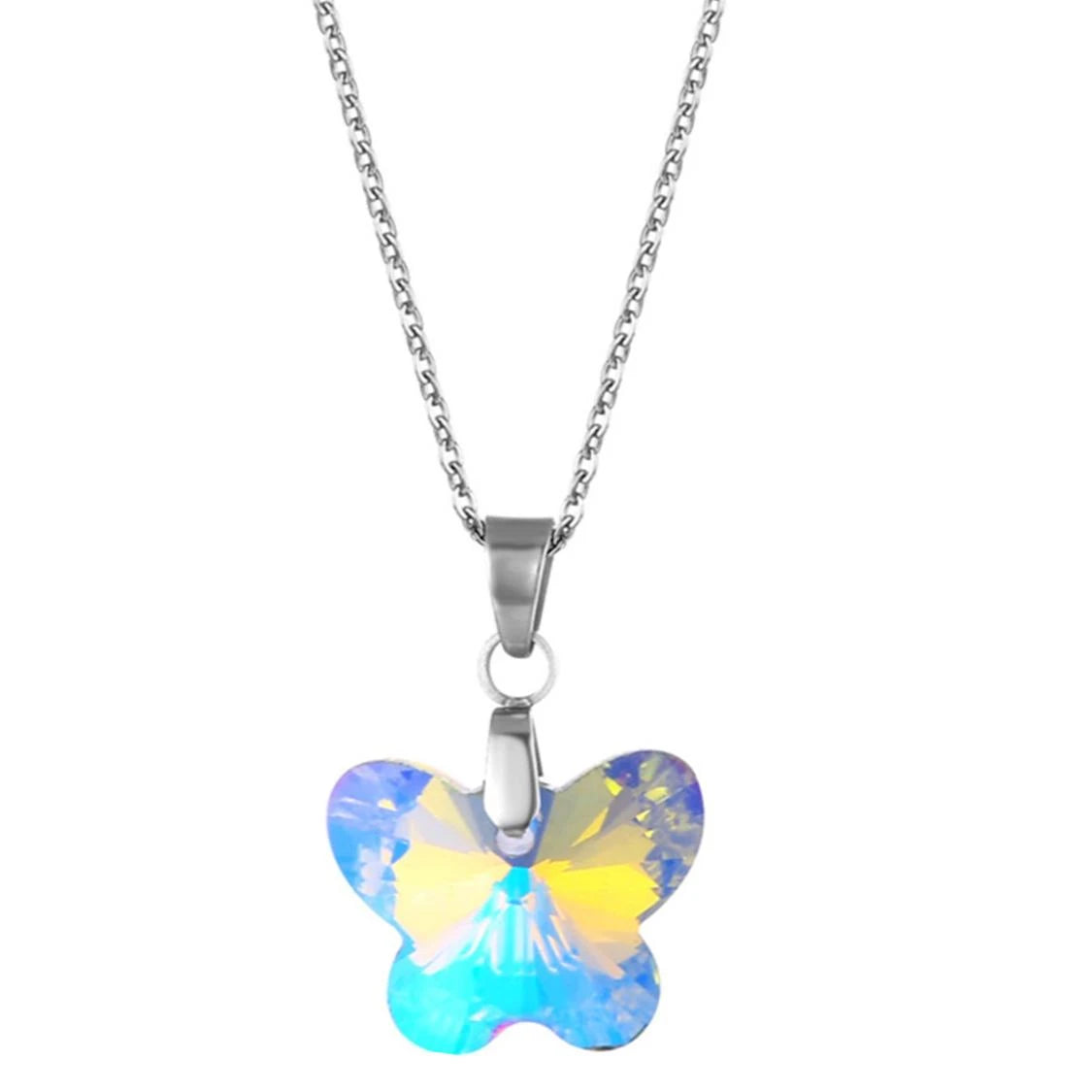 Collier acier argent petit pendentif cristal papillon aurore boréale 