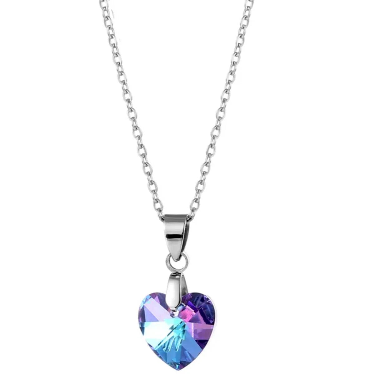 Collier acier argent petit pendentif cristal strass coeur bleu violet héliotrope 