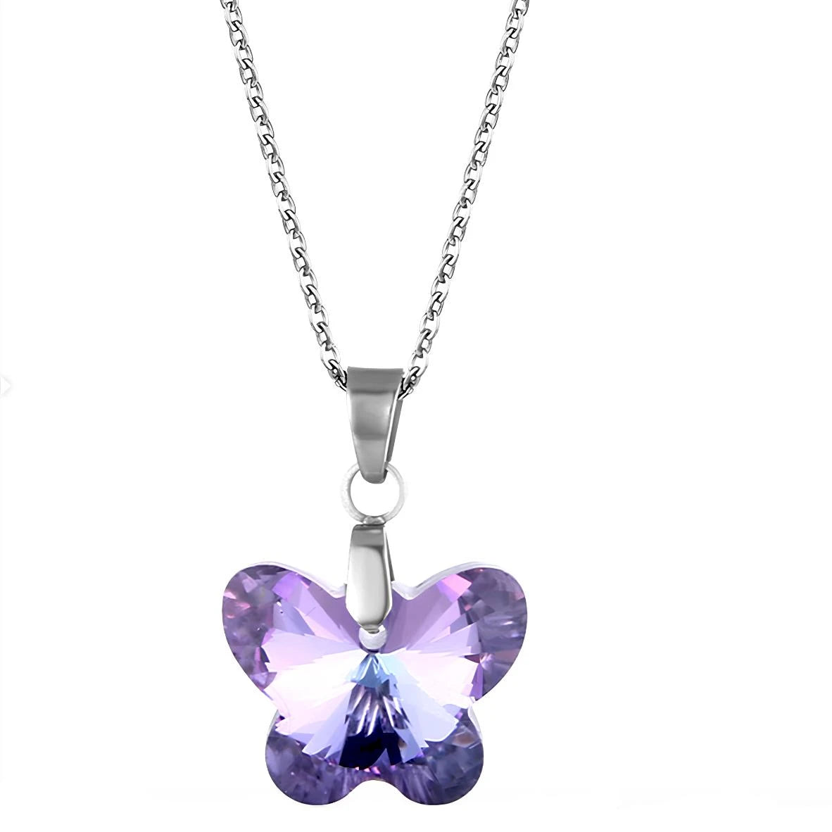 Collier acier argent petit pendentif cristal strass papillon bleu violet héliotrope 