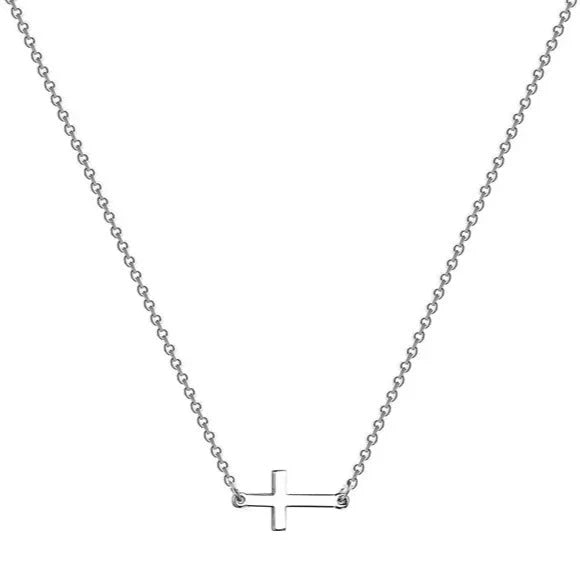 Collier acier argent petit pendentif croix horizontale 