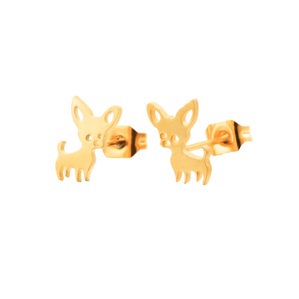 Boucles d'oreilles acier or petits chihuahuas. Détails produit : Couleur or. Acier inoxydable doré (avec fermoirs).  Version couleur argent