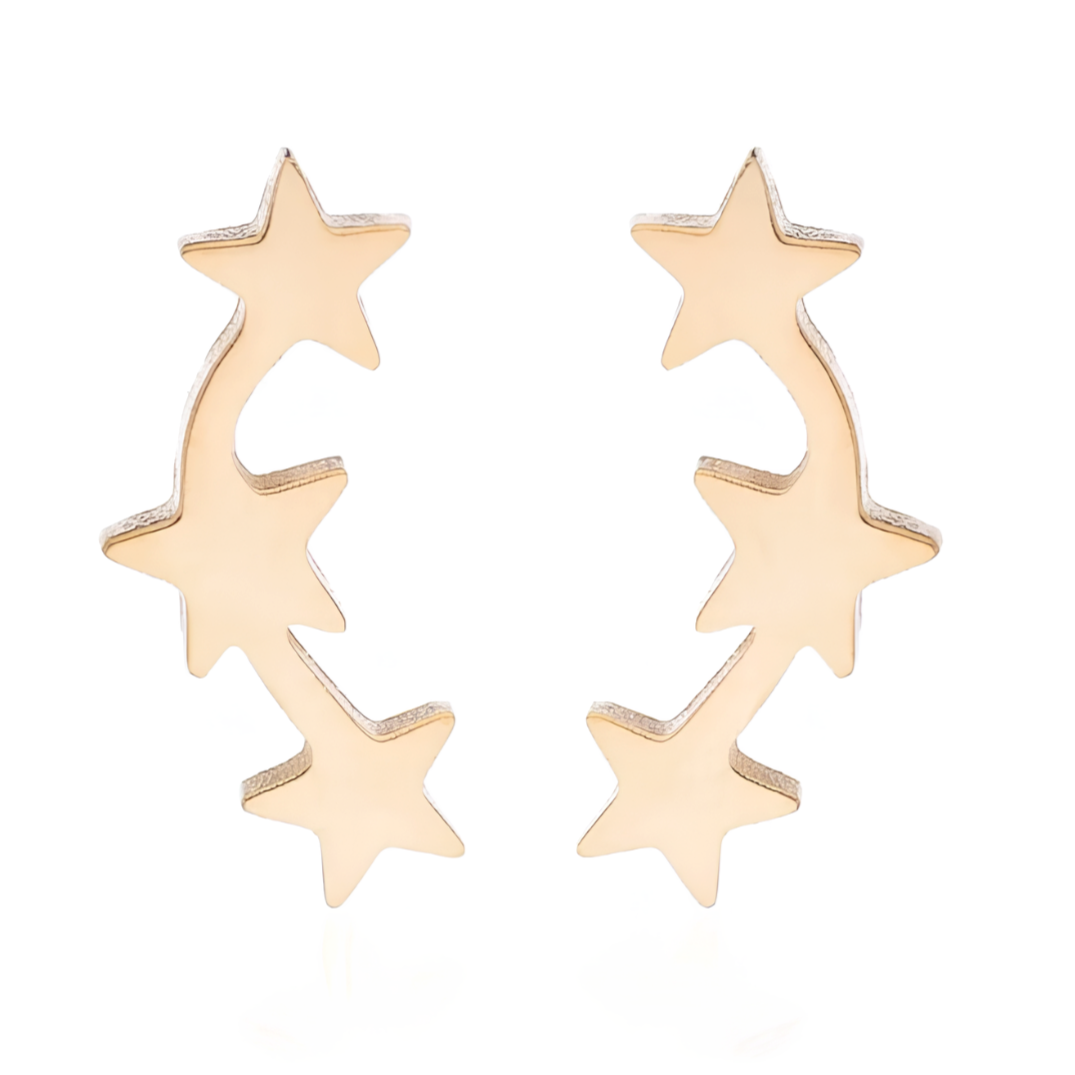 Boucles d'oreilles acier or 3 petites étoiles.   Détails produit : Couleur or.&nbsp;Acier. Pendentifs petits&nbsp;étoiles. Taille 5 mm x 12 mm.  Version couleur argent