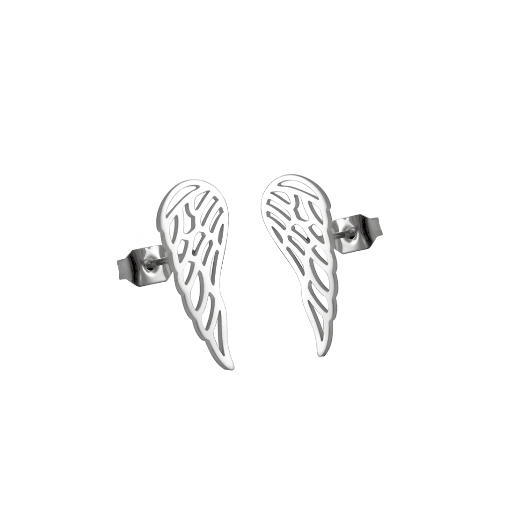 Boucles d'oreilles acier argent ailes d'ange argentées.  Détails produit : Couleur argent. Acier inoxydable argenté. Petits pendentifs&nbsp;ailes d'ange. Taille 12 mm x 5 mm.  Version couleur or