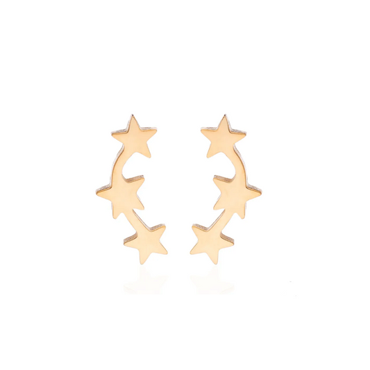 Boucles d'oreilles acier or 3 petites étoiles. Détails produit : Couleur or. Acier. Pendentifs petits étoiles. Taille 5 mm x 12 mm. Version couleur argent