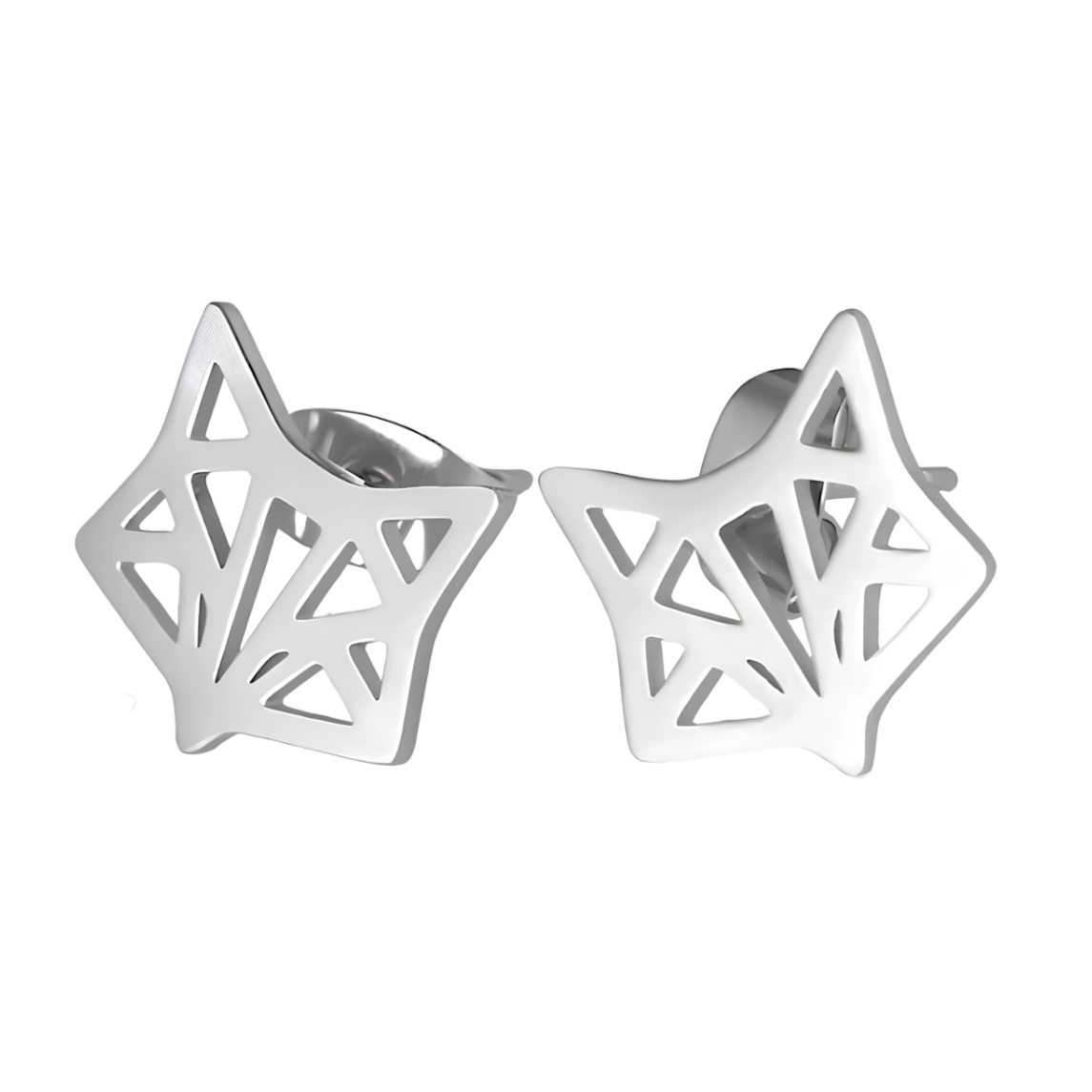 Boucles d'oreilles acier argent tête de renard origami.  Détails produit : Couleur argent. Acier inoxydable. Taille 9 mm x 9 mm.  Version couleur&nbsp;or
