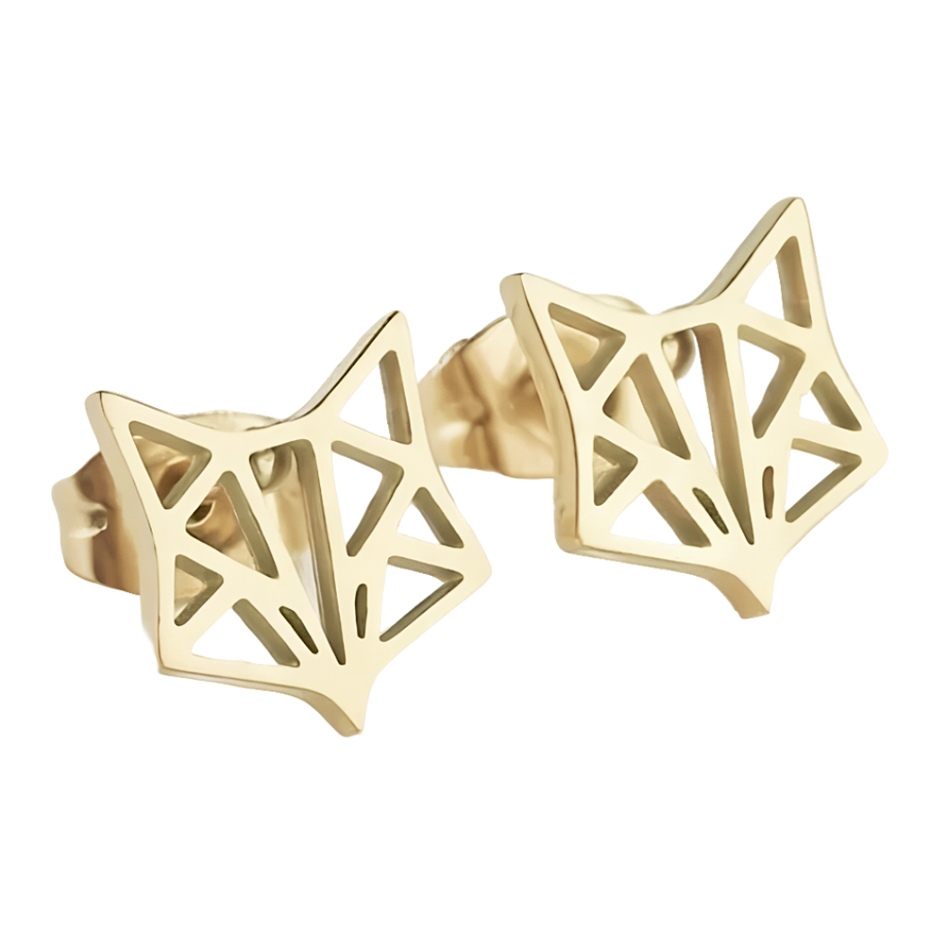 Boucles d'oreilles acier or tête de renard origami.  Détails produit : Couleur or. Acier inoxydable. Taille 9 mm x 9 mm.  Version couleur&nbsp;argent