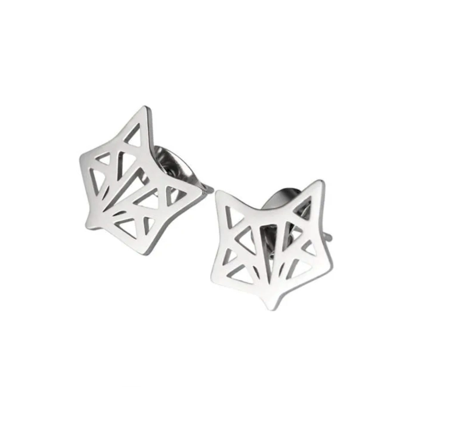 Boucles d'oreilles acier argent tête de renard origami. Détails produit : Couleur argent. Acier inoxydable. Taille 9 mm x 9 mm.  Version couleur or