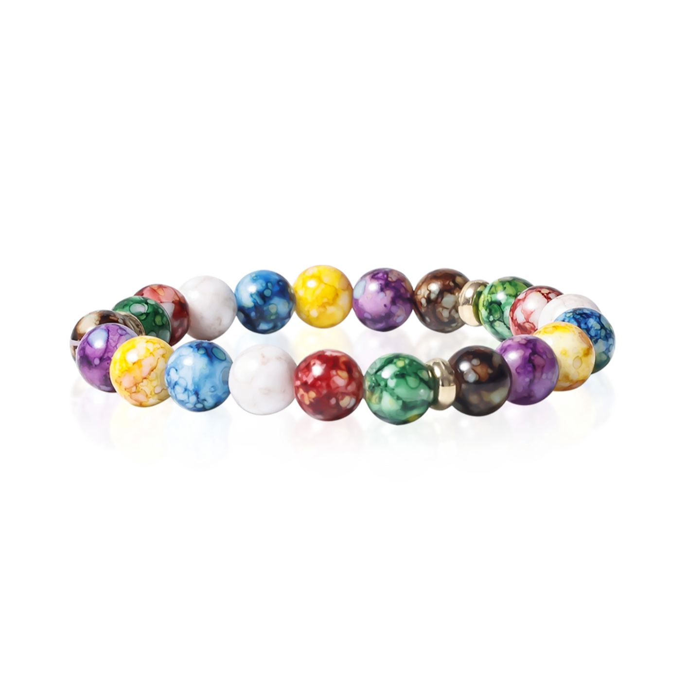 Bracelet perles de couleurs marbrées 7 chakras. Détails produit : Anneaux métal doré. Perles des 7 chakras.