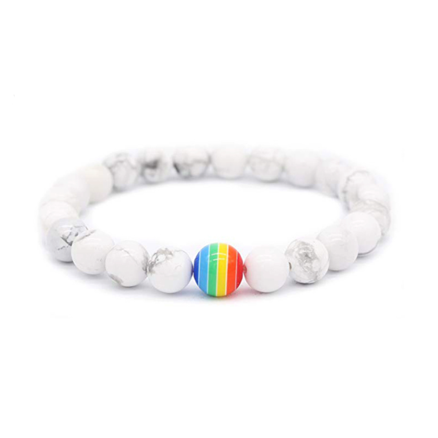 Bracelet perles blanches marbre et perle arc en ciel rainbow. Détails produit : Perles blanches marbrées. Cordon extensible.