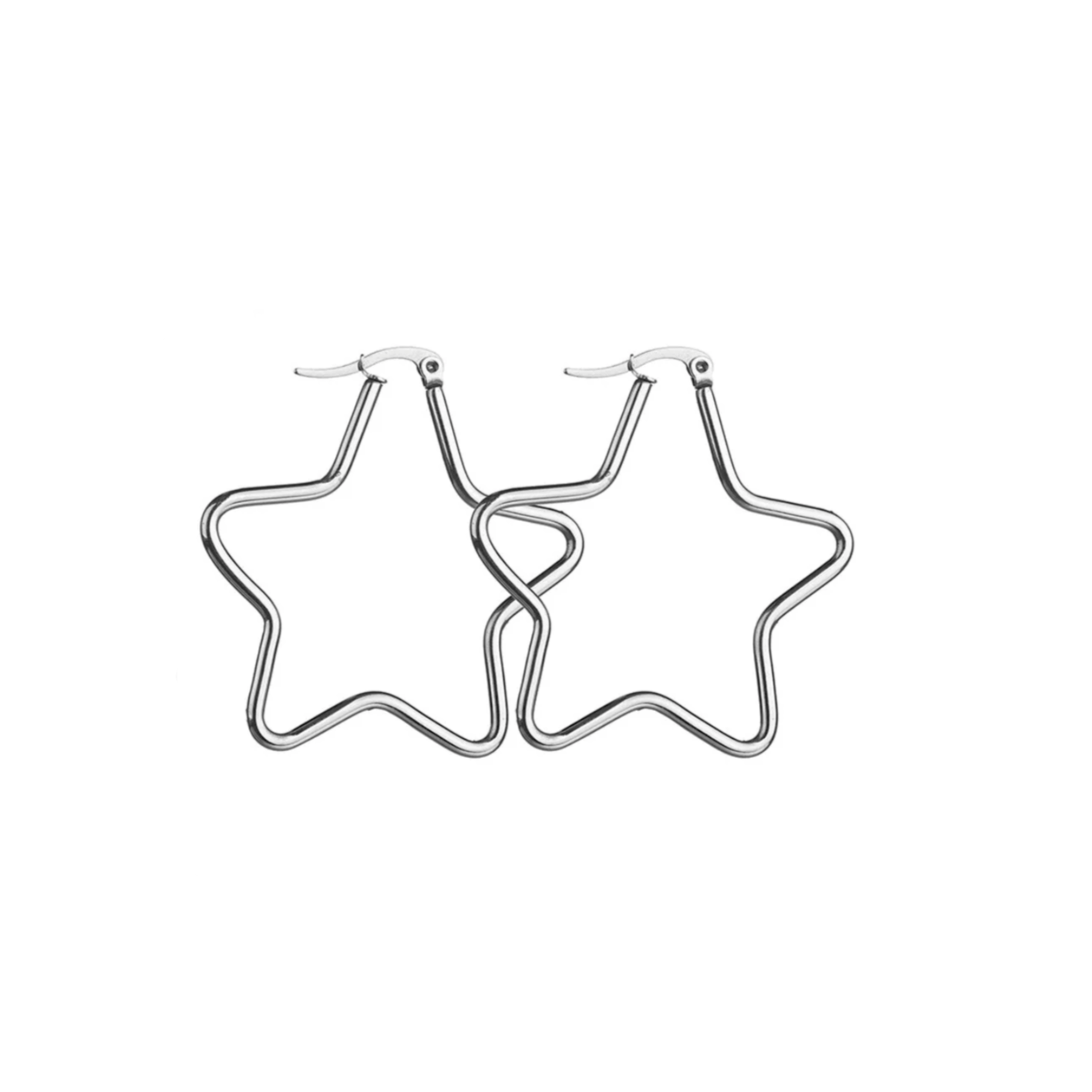 Boucles d'oreilles créoles acier inoxydable argenté étoile 4 cm. Détails produit : Couleur argent. Acier inoxydable argenté. Forme d'étoile. Diamètre 4 cm.