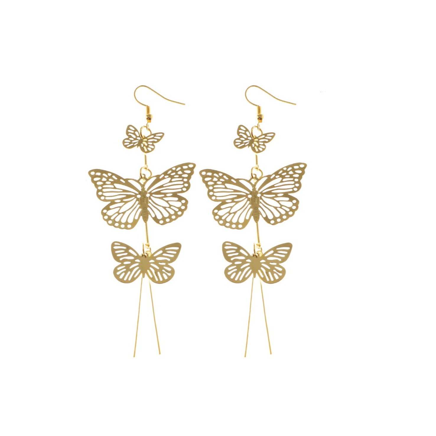 Boucles d'oreilles dorées pendantes 3 papillons dorés. Détails produit : Couleur or. Métal doré. Longueur 10 cm.