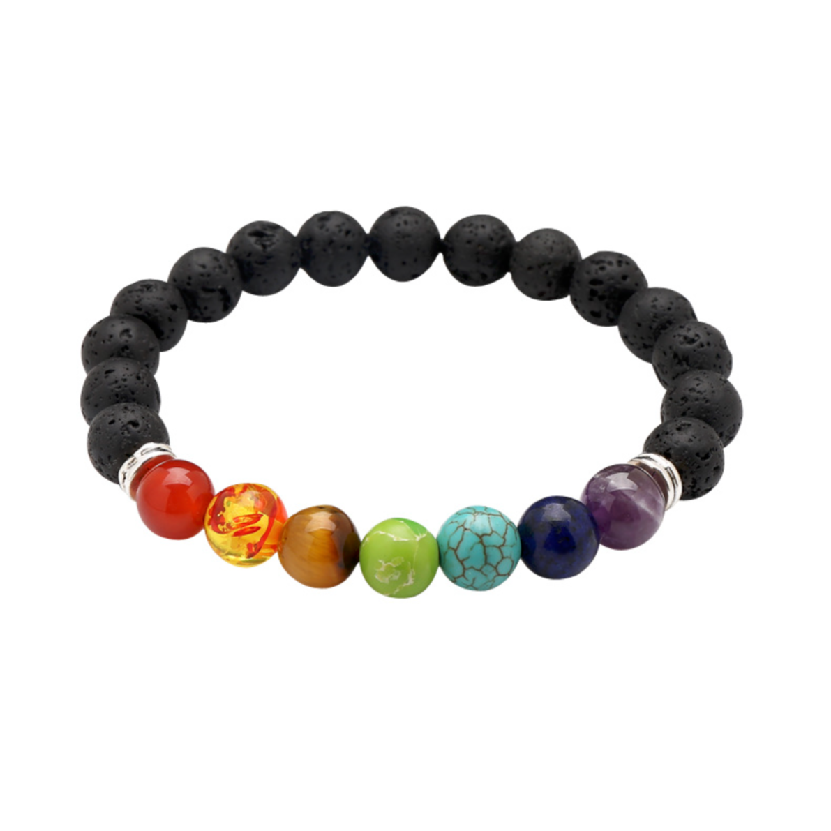 Bracelet pierres volcaniques noires et couleurs des 7 chakras. Détails produit : Perles de couleurs marbrées, pierres volcaniques noires et anneaux dorés.